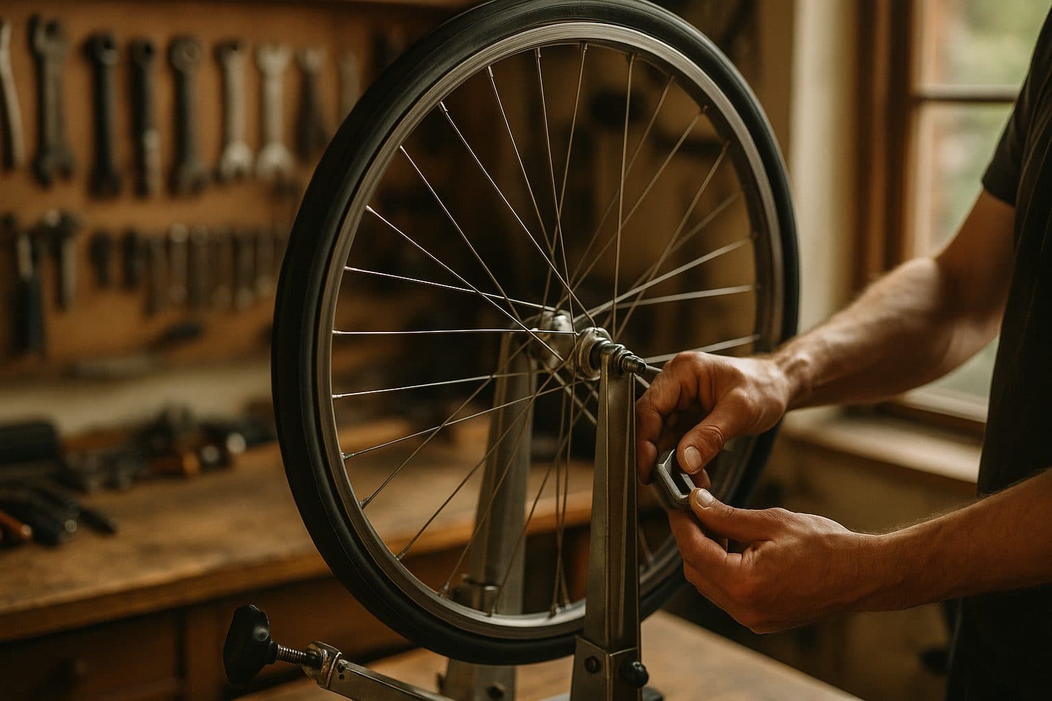 Mechanic truing a bicycle wheel on a repair stand